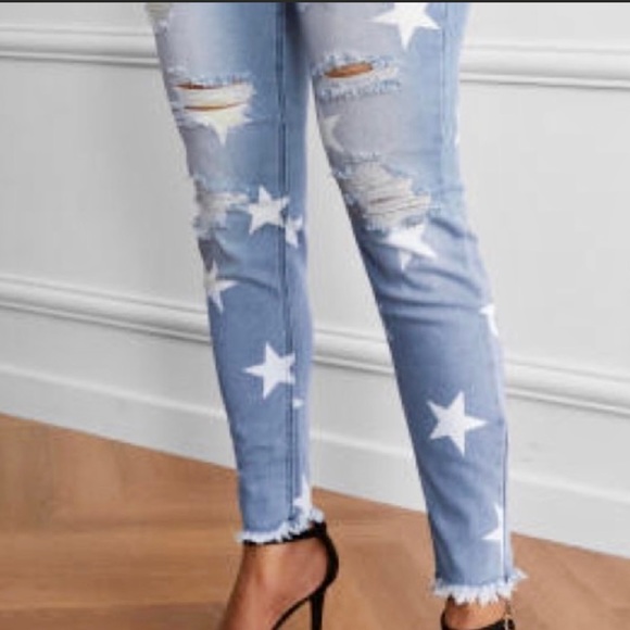 NEW DESTRUCTED RAW HEM STAR PRINT JEANS SZ SMALL NWT BUTT LIFT - Picture 3 of 6